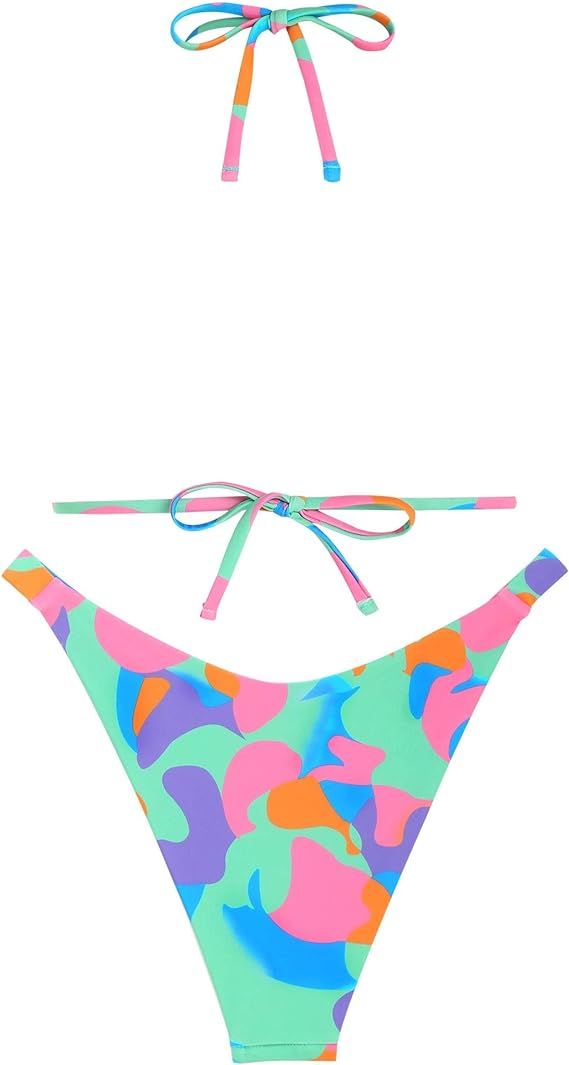 Introducing our Multi Printed High Cut Two Piece Bikini Swimsuit, perfect for a day at the beach or pool. With its high cut design and vibrant print, this swimsuit will flatter your figure and have you turning heads. Made from durable and comfortable materials, it's a must-have for any swimwear collection. Get ready to make a splash! Polyester spandex/ Machine Wash Closure type / Tie The bikini set material is made of high-quality polyester and spandex to ensure durability, breathability, and quick drying Frilled trim, high cut, adjustable halter strings ties at neck and back, removable padding. Be the envy of all your friends with this perfect bikini set This color block two-piece swimsuit features adjustable shoulder straps and tie side bottom.. Super soft material for a silky feel and q Playful Swimwear For Surfing During Beach Season, Beachwear Swimwear With Tie-side Bottom For Pool, Vibrant Green Swimwear For Poolside, Vibrant Stretch Swimwear For Beach, Vibrant Stretch Swimwear For Sunbathing, Playful Green Swimwear For Pool, Bold Print Swimwear For Poolside, Bold Print Beachwear Swimwear For Pool, Bold Print Beachwear For Sunbathing