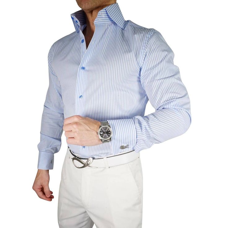 Our signature dress shirt is something that has broken the internet. In a world where features like this are only found in custom shirts, we have decided to create a collection that delivers the same value without having to get measured and pay a hefty price. These shirts will give you that bold look! Never worry again about your collar sliding inside your jacket or not being even. No need for collar stays either! You will be addicted to your new shirts! Quality Details: Sky Blue True to size Si Designer Button-up Business Shirt, Luxury Long Sleeve Blue Shirt, Luxury Blue Long Sleeve Shirt, Luxury Button-up Office Shirt, Luxury Cotton Long Sleeve Dress Shirt, Luxury Long Sleeve Cotton Dress Shirt, Luxury Blue Cotton Shirt, Designer Business Shirt With Button Cuffs, Elegant Slim Fit Blue Shirt