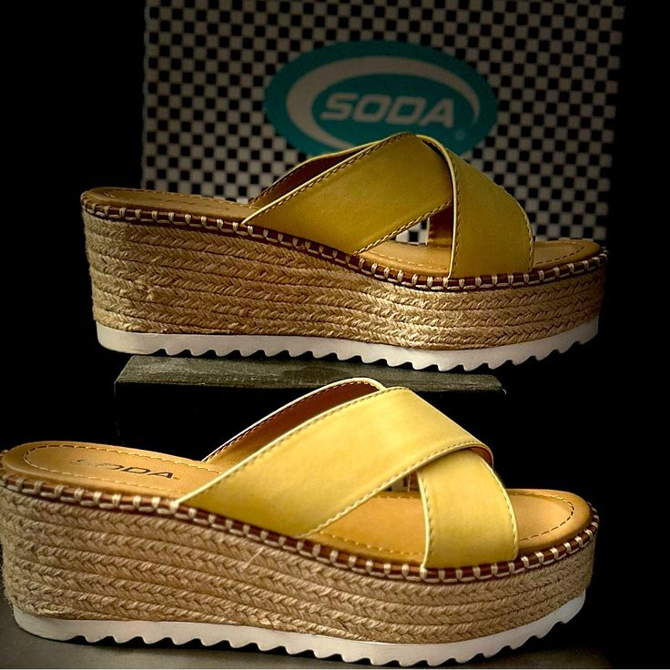 New In Box Size 10 Yellow Open Toe Synthetic Wedge Sandals, Yellow Synthetic Open Toe Wedge Sandals, Casual Yellow Wedge Sandals With Round Toe, Casual Yellow Closed Toe Wedge Sandals, Casual Yellow Wedge Sandals With Cushioned Footbed, Yellow Wedge Sandals With Platform And Round Toe, Yellow Closed Toe Synthetic Wedge Sandals, Yellow Synthetic Closed Toe Wedge Sandals, Trendy Yellow Open Toe Wedge Sandals