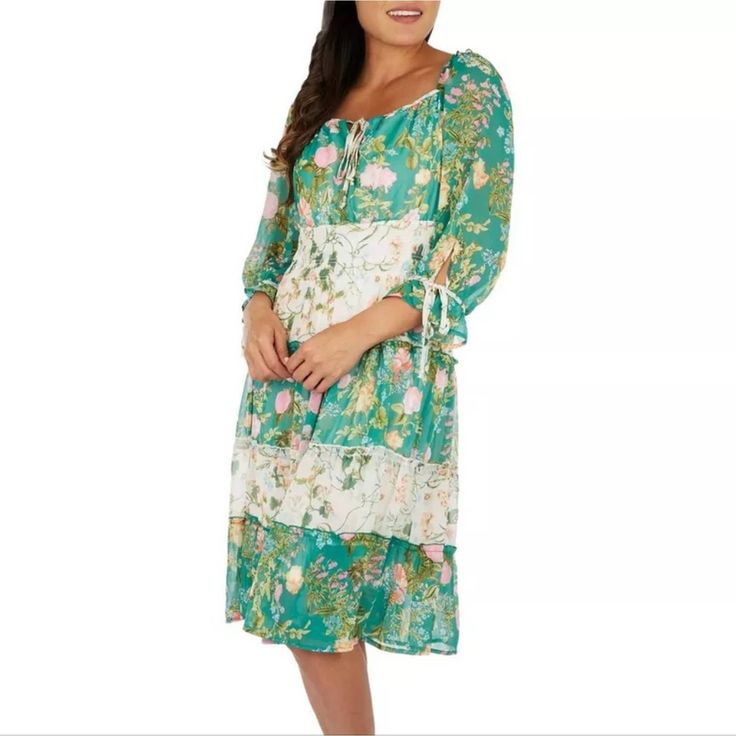 Anthropologie X Fig & Flower Floral Embroidered Ruffle Tiered Boho Peasant Dress Brand New With Tags Attached Please See Pictures For Details Small Medium Large And Xl Are Available The Colors In My Photos Are More Accurate Green Tiered Floral Print Dresses, Peasant Style Dress For Spring Brunch, Spring Peasant Midi Dress With Long Sleeves, Feminine Green Tiered Dress, Green Feminine Tiered Dress, Spring Peasant Dress, Spring Peasant Dress For Daywear, Feminine Floral Patchwork Dress For Garden Party, Spring Peasant Dress For Garden Party