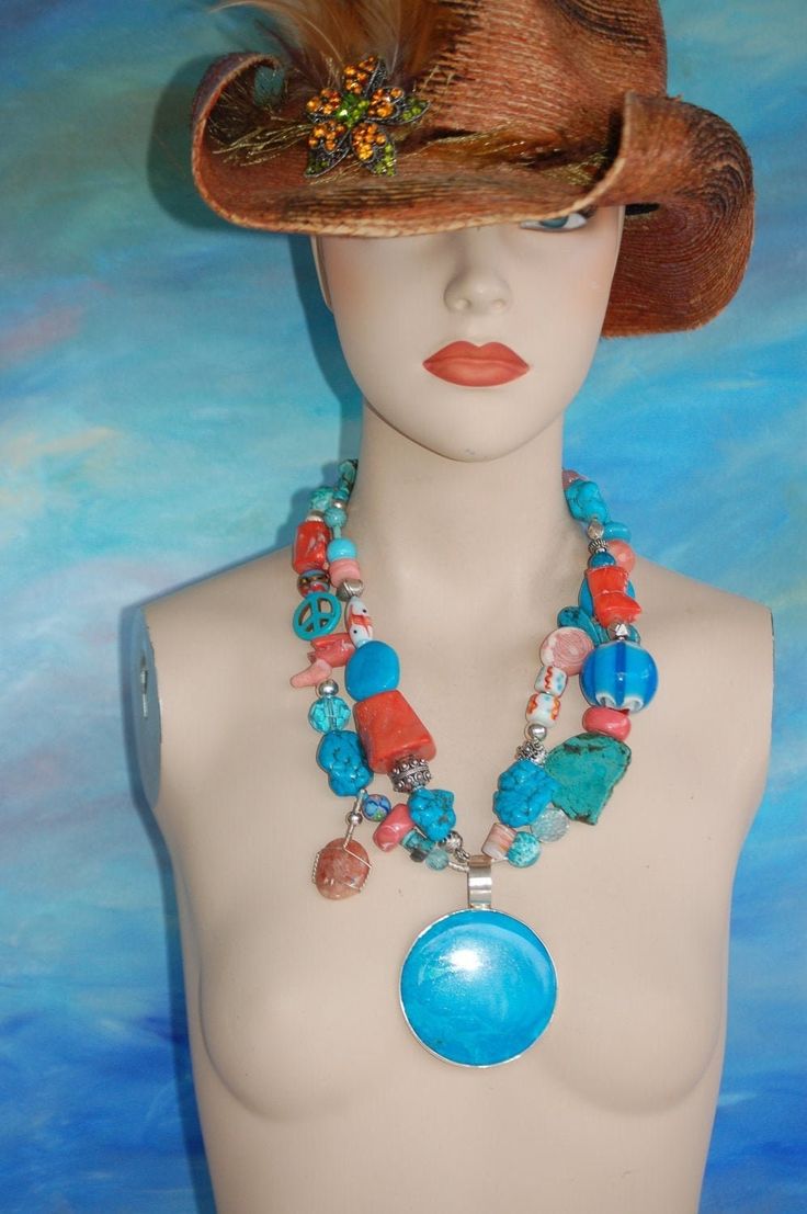 Bigger is always better.. especially in jewelry!  This unique art necklace has it all going for it including a large turquoise pendant. I have added various shapes of turquoise and coral to this one of a kind piece, along with hand painted lamp work, clay and glass beads.  Also added is a wire wrapped tumbled stone dangle for a little funk.    A show stopper! Size definitely matters.. This necklace measures 23 inches from clasp to clasp. Fast Free Shipping Your jewelry should always make you smi Blue Artsy Jewelry For Festivals, Artsy Blue Jewelry For Festivals, Artisan Beaded Turquoise Pendant Necklace, Turquoise Multi-strand Gemstone Necklace, Turquoise Multi-strand Gemstone Necklaces, Turquoise Gemstone Multi-strand Necklace, Multicolor Handmade Artisan Turquoise Necklace, Artisan Multicolor Handmade Turquoise Necklace, Handmade Multicolor Artisan Turquoise Necklace