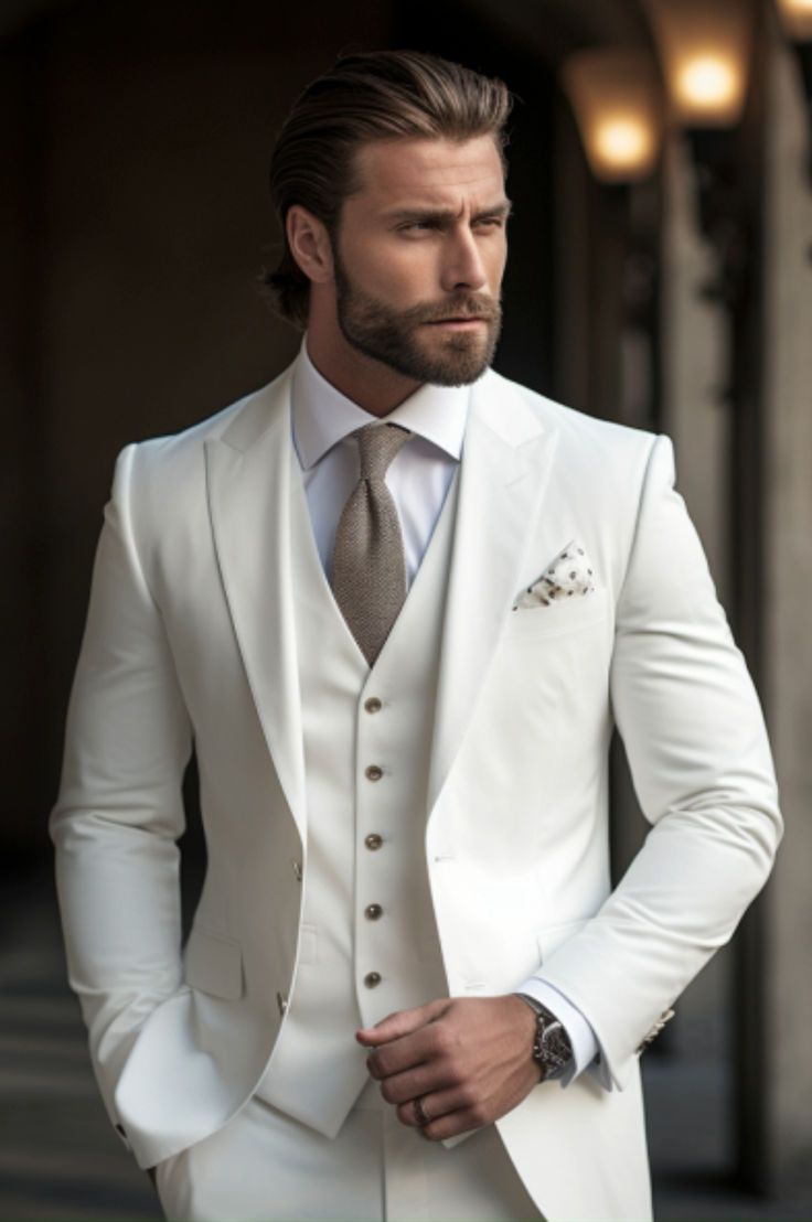 Effortless sophistication in a crisp ensemble. Elevate! Groom Suit White, White Wedding Suits For Men, Custom Suits Men, White Wedding Suit, Stylish Mens Suits, Wedding Tux, Mens Wedding Attire, White Elegance, Classy Wedding Dress