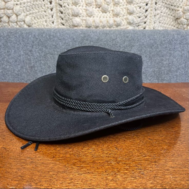 Black Western Cowboy Hat. Brand New Without Tags. Has An Elastic Band Inside So That Cowboy Hat Is One Size Fits All. Drawstring That Can Be Tucked Inside Or Worn To Secure On Those Windy Days. Perfect For Coachella, Stagecoach Or Any Country Concert! Black Western Sun Hat With Short Brim, Black Western Brimmed Sun Hat, Adjustable Black Fedora For Outdoor, Black Wide Brim Cotton Hat, Black Cotton Wide Brim Hat, Black Fedora Sun Hat For Rodeo, Black Wide Brim Sun Hat For Rodeo, Casual Black Wide Brim Hat, Black Brimmed Sun Hat For Rodeo