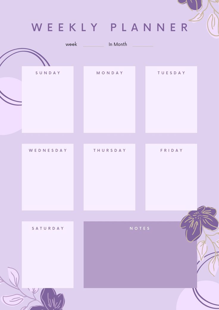 a purple and white weekly planner with flowers on the side, in front of a lavender background