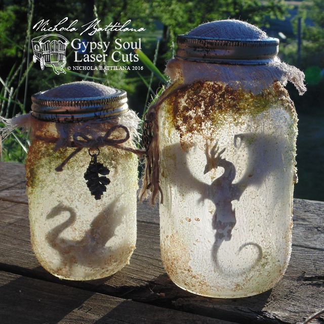 two jars that have some kind of shadow on them, and one has a lizard in it