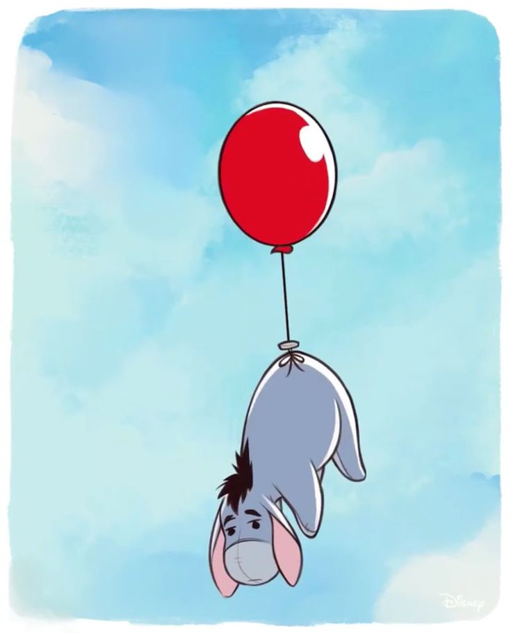 a cartoon elephant flying through the air with a red balloon attached to it's back