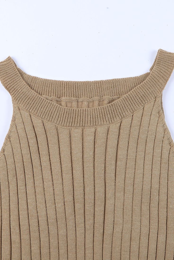 Brown Ribbed Knit Sleeveless Crop Top Solid Ribbed Sleeveless Sweater Vest, Ribbed Sleeveless Sweater Vest, Sleeveless Knit Tops In Solid Color, Beige Ribbed Sleeveless Sweater Vest, Sleeveless Ribbed Knit Top, Solid Knit Sweater Vest For Summer, Leopard Satin Dress, Graphic Pant, Causal Dresses