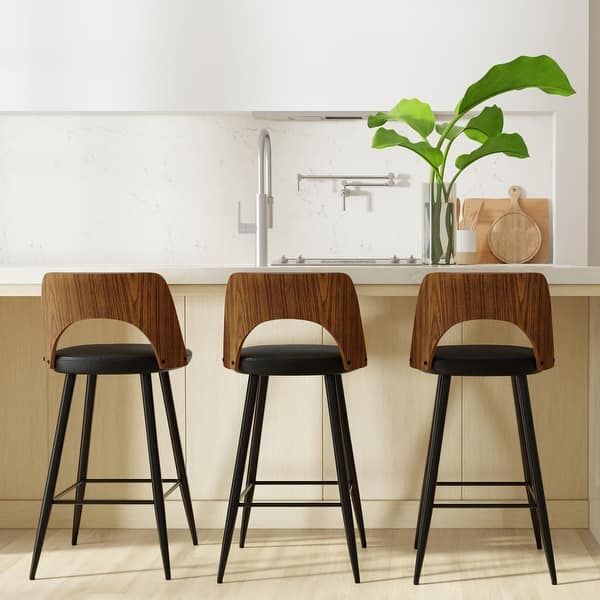 WYNDENHALL Sevyn Contemporary 16" Counter Height Stool (Setof 2) in Black PU faux leather - 18.9" D x 17.5" W x 35.4"H - Bed Bath & Beyond - 40734687 Modern Bar Stools Kitchen, Short Stool, Mid Century Bar Stools, Counter Stools With Backs, Mid Century Modern Bar, Bar Stools Kitchen Island, Modern Counter Stools, Open Plan Kitchen Living Room, Counter Height Stool