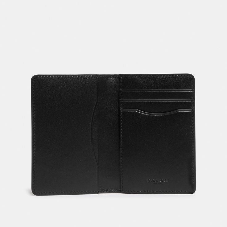 Crafted of our Signature canvas and refined leather this slim bifold design functions as a minimalist wallet. It organizes four cards and is finished with a convenient outside slip pocket for cash or receipts. | Coach Card Wallet In Signature Canvas - Charcoal/black Coach Mens Wallet, Classic Black Bifold Card Holder, Black Bifold Card Holder, Modern Bifold Card Holder With Interior Slots, Coach Trifold Wallet With Coin Pocket For Formal Use, Classic Coach Trifold Wallet With Card Slots, Classic Coach Card Holder For Travel, Coach Trifold Wallet For Formal Occasions, Coach Rectangular Card Holder For Everyday