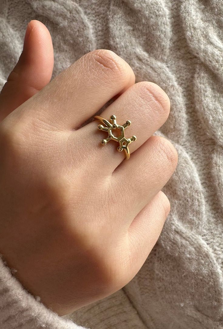 Barista Ring, 14K Solid Gold, Solid Gold Jewelry, Caffeine Ring,Birthday Gift For Coffee Lover Caffeine Molecule, Suede Box, Gift For Coffee Lover, Birthday Ring, Gold Birthday, Solid Gold Jewelry, Coffee Lover Gifts, Dainty Ring, Ring Gold