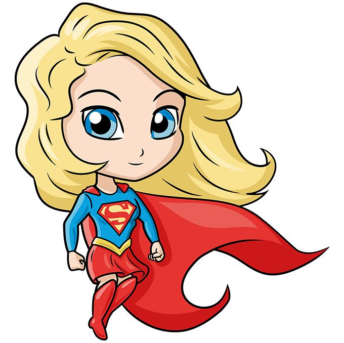 a cartoon girl with blonde hair and blue eyes is dressed as a supergirl, flying through the air