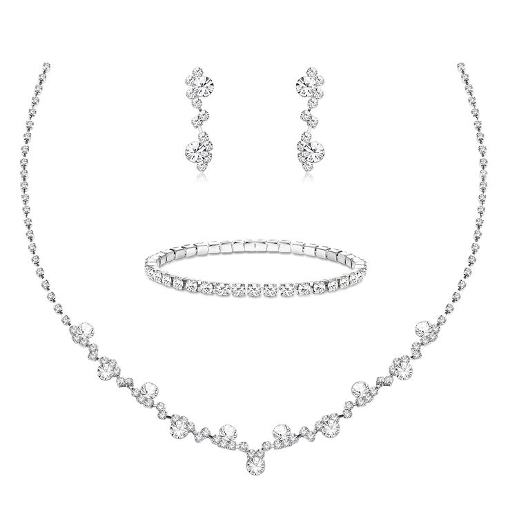 PRICES MAY VARY. 💓【BRIDAL JEWELRY SET】Sparkled wedding jewelry set includes 1 pcs rhinestone teardrop necklace, 1 pc chain bracelet, and 1 pairs dangling earrings. Inlaid with Rhinestones and Crystal, Shiny and Sparkling. With a classic and elegant design, this set of silver Bridal jewelry for wedding can perfectly complement your beauty and bring you a unique wearing experience. 💓【SAFE & COMFORT MATERIAL】This womens jewelry set is mainly made of environmentally friendly metal, inlaid shiny AA Cute Prom Jewelry, Homecoming Jewelry Silver, Wedding Jewelry Ideas For Bride Silver, Hoco Jewelry Silver, Silver Hoco Jewelry, Silver Wedding Jewelry Set, Bride Accessories Jewelry, Silver Necklace Prom, Hoco Jewelry