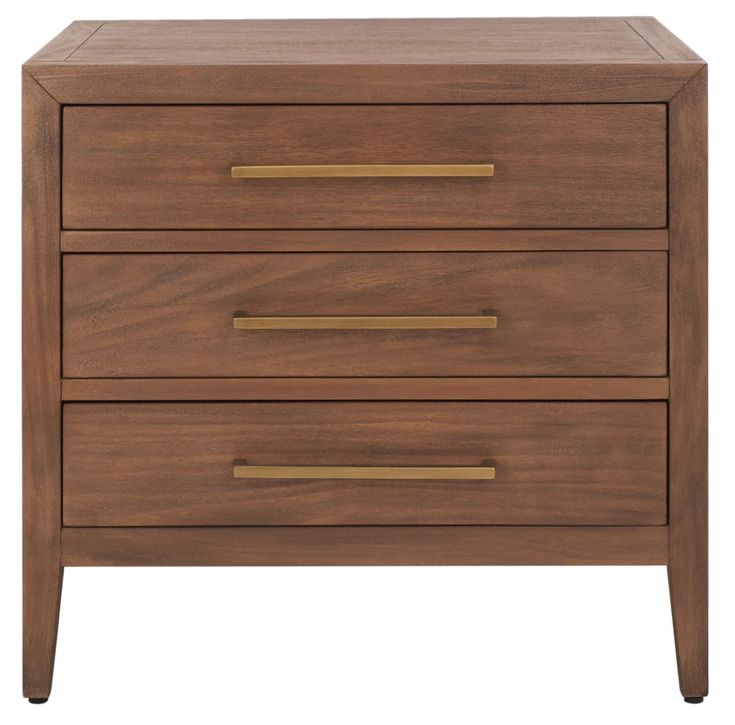 a wooden nightstand with two drawers and gold handles on the bottom, against a white background