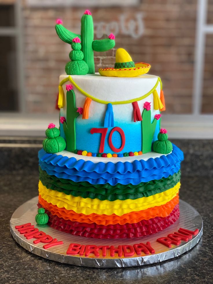 a birthday cake decorated with colorful icing and decorations