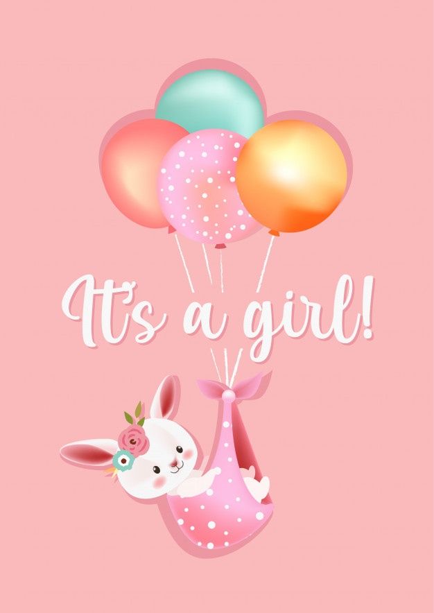 it's a girl card with balloons and a bunny holding a baby bag in the air