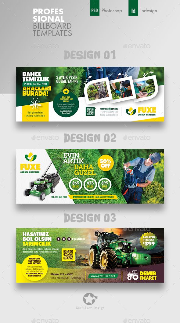 three different banners with the words lawn care on them and an image of a tractor in the background