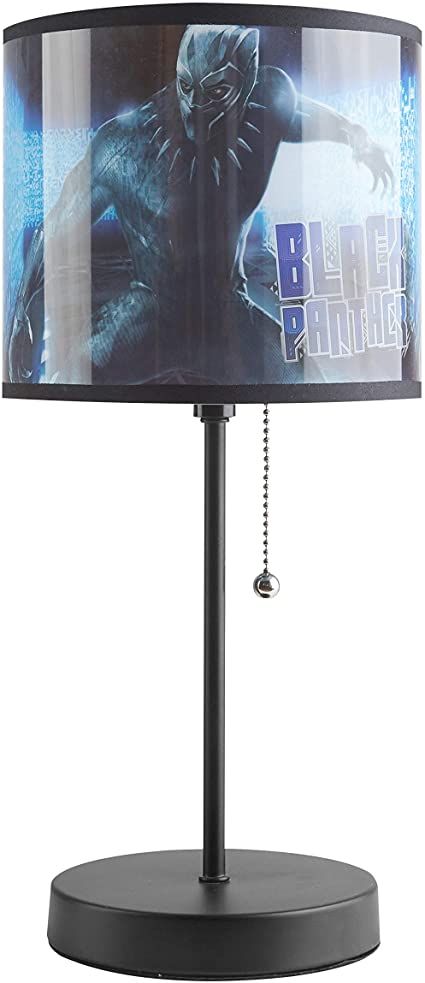 a lamp that is on top of a black stand with a blue light in the middle