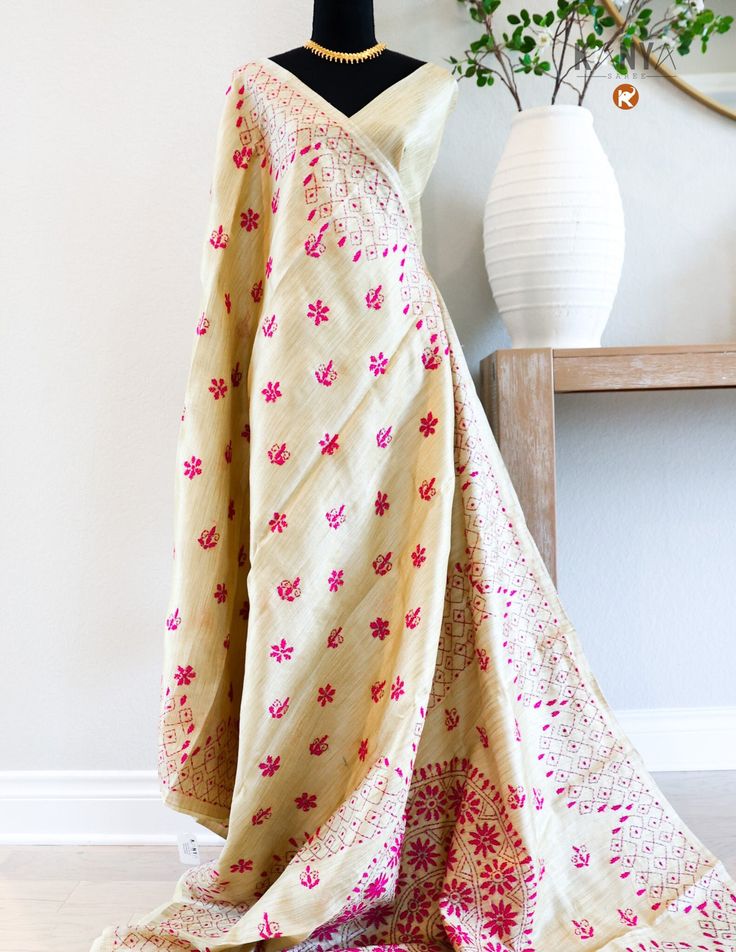 Discover our Semi Tussar Silk Kantha collection, where tradition meets modern elegance. Crafted with care, each piece features the luxurious feel of semi Tussar silk and is adorned with delicate hand-stitched Kantha embroidery. Add a touch of artisanal charm to your wardrobe or gift someone special with our timeless and unique pieces. Elegant Silk Fabric With Chikankari Embroidery, Elegant Tussar Silk Embroidered Fabric For Festivals, Elegant Tussar Silk Fabric For Festivals, Traditional Silk Pashmina Shawl, Elegant Silk Pashmina Shawl With Zari Work, Silk Pashmina Shawl With Cutdana For Weddings, Wedding Tussar Silk Pashmina Shawl With Cutdana, Elegant Embroidered Katan Silk Fabric For Festive Occasions, Elegant Katan Silk Embroidered Fabric For Festive Occasions