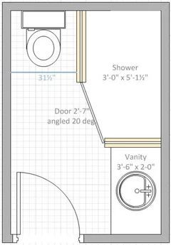 a bathroom floor plan with measurements for the shower and toilet area, including the sink