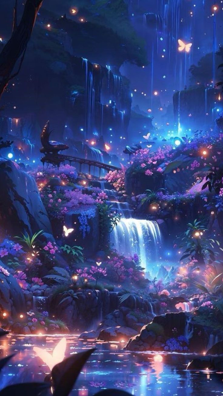 a waterfall in the middle of a forest with butterflies flying over it at night time