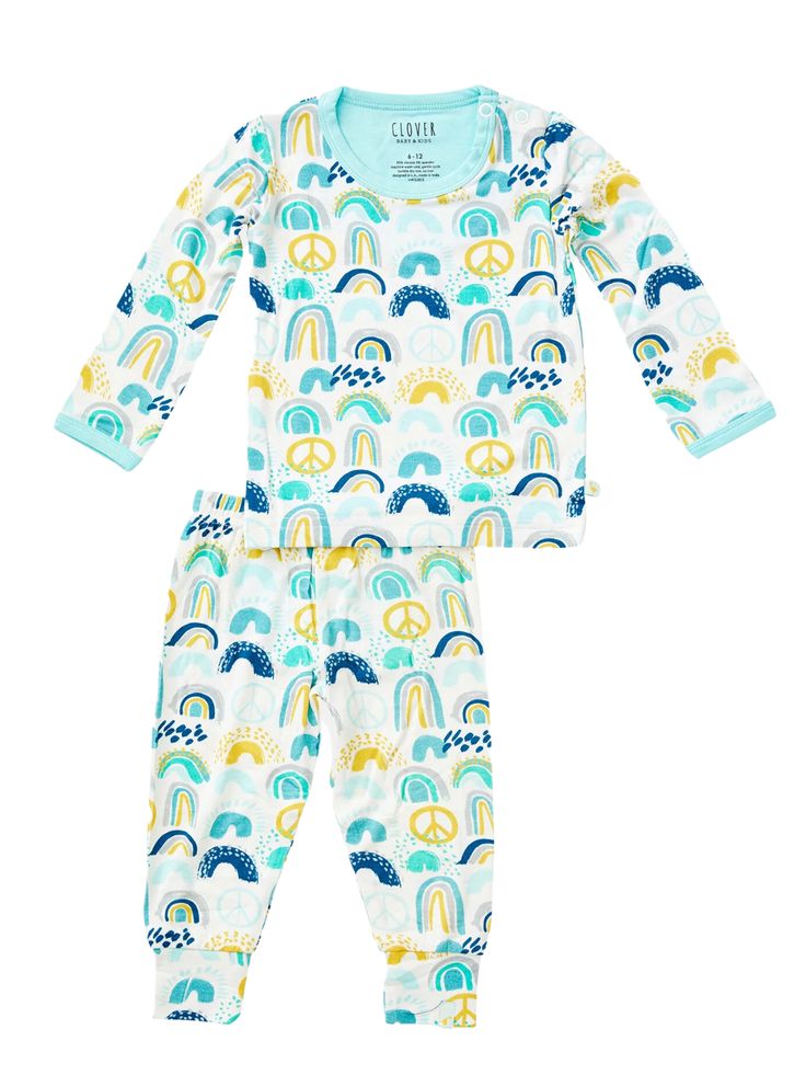 Long Sleeve PJ Set - Blue Rainbows Pajamas Clover Baby & Kids Blue Rainbow Print 2/3T Spring Long Sleeve Sleepover Set, Casual Long Sleeve Bedtime Sets, Playful Long Sleeve Sleep Top, Blue Long Sleeve Loungewear Set, Playful Long Sleeve Loungewear Sleepwear, Playful Spring Loungewear Tops, Playful Tops For Spring Loungewear, Blue Bedtime Sets For Spring, Playful Blue Sleepwear For Spring