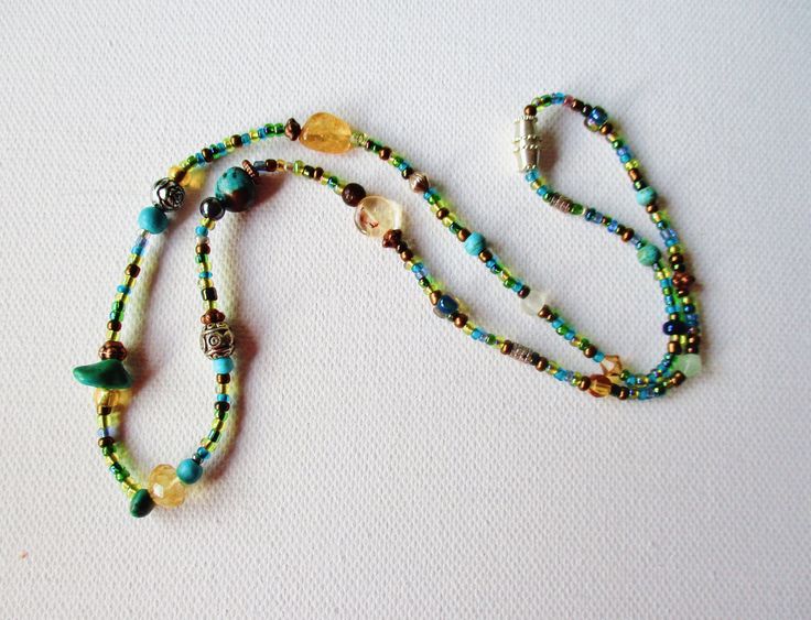 citrine turquoise seed bead artisan necklace 17.5 inches Adjustable Lariat Jewelry With Gemstone Beads, Adjustable Beaded Lariat Jewelry, Adjustable Lariat Beaded Jewelry, Adjustable Multi-strand Spiritual Jewelry, Multi-strand Czech Glass Colorful Beads Jewelry, Colorful Multi-strand Czech Glass Beaded Jewelry, Adjustable Lariat Jewelry With Natural Stones, Spiritual Multi-strand Czech Glass Jewelry, Bohemian Single Strand Lariat Beads