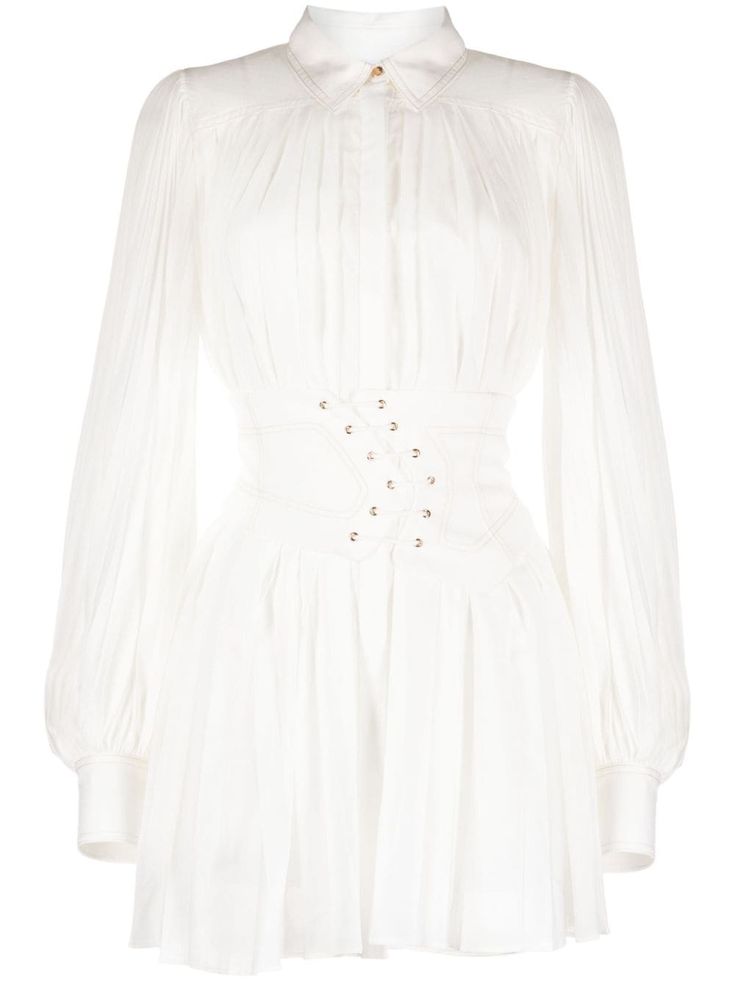 ivory white fully pleated classic collar concealed front fastening fitted waistline long sleeves buttoned-cuff sleeves flared hem thigh-length Wardrobe Edit, Exclusive Fashion, Ivory White, Cuff Sleeves, Coat Dress, Dress White, Pleated Dress, Denim Dress, Day Dresses