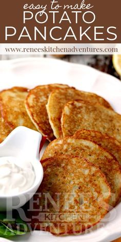 easy to make potato pancakes with ranch dip on the side and text overlay that reads easy to make potato pancakes