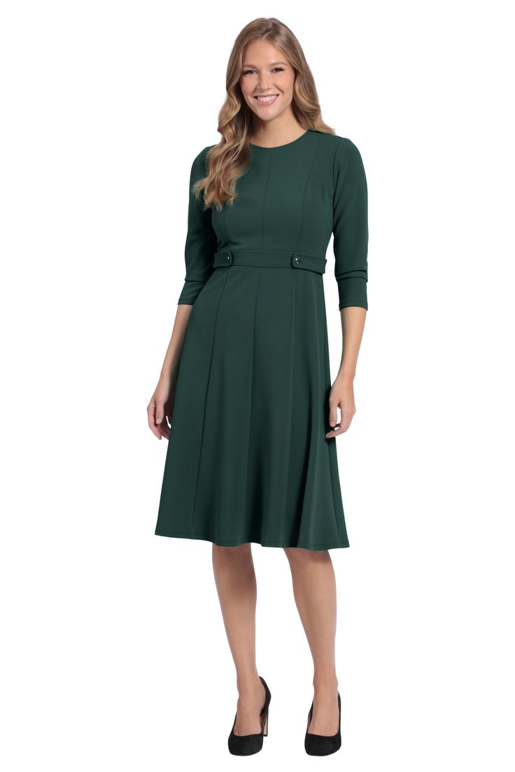 This is Saie, the perfect workwear midi. We love her seamed bodice details and waist defining buttons! Black Workwear, Missy Dresses, Spandex Dress, Illusion Dress, Daytime Dresses, Maggy London, Dinner Dress, Curve Dresses, Jewel Neck