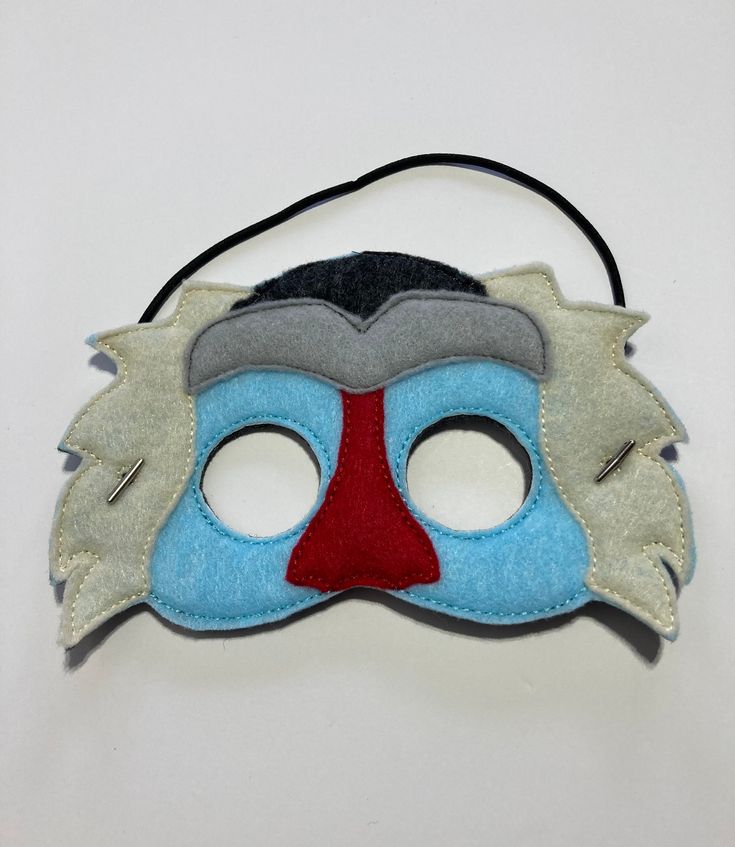 a blue and grey mask with red nose