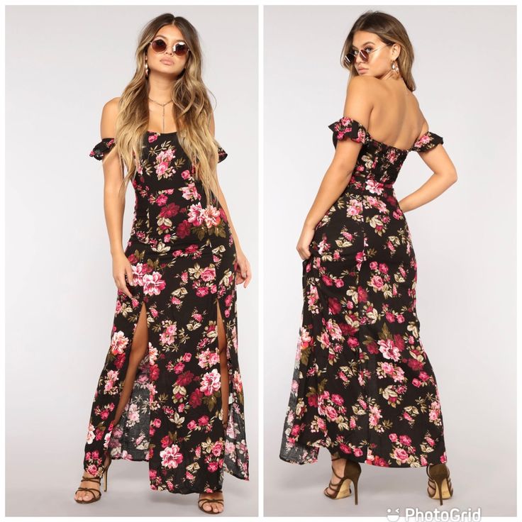 Black Floral Off Shoulders Maxi Dress Front Slits New Specify Size Fashion Nova Style S M L Fitted Dresses With Split For Day Out, Summer Evening Dress With Split Hem, Casual Split Dress For Party, Casual Party Dress With Split, Elegant Floral Print Maxi Dress With Split, Chic Floral Print Dress With Split, Spring Date Night Maxi Dress With Split Design, Elegant Floral Print Split Maxi Dress, Black Summer Dresses With Split Design