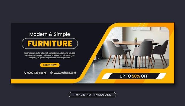 a modern and simple furniture advertise with yellow accents on the black background, it is