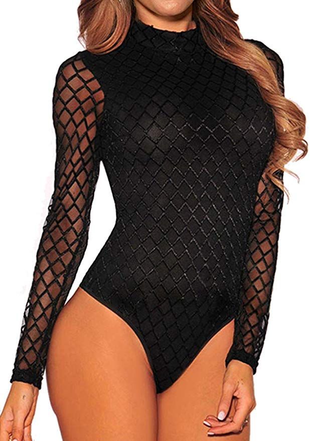 ohyeahgirl Mesh Long Sleeve Bodysuit Jumpsuit Clubwear for Women at Amazon Women’s Clothing store Black Bodycon Jumpsuit, Jumpsuit Damen Elegant, Dance Bodysuit, Clubwear Tops, Body Noir, Body Lingerie, Body Dentelle, Long Sleeve Leotard, Bodysuit Tops