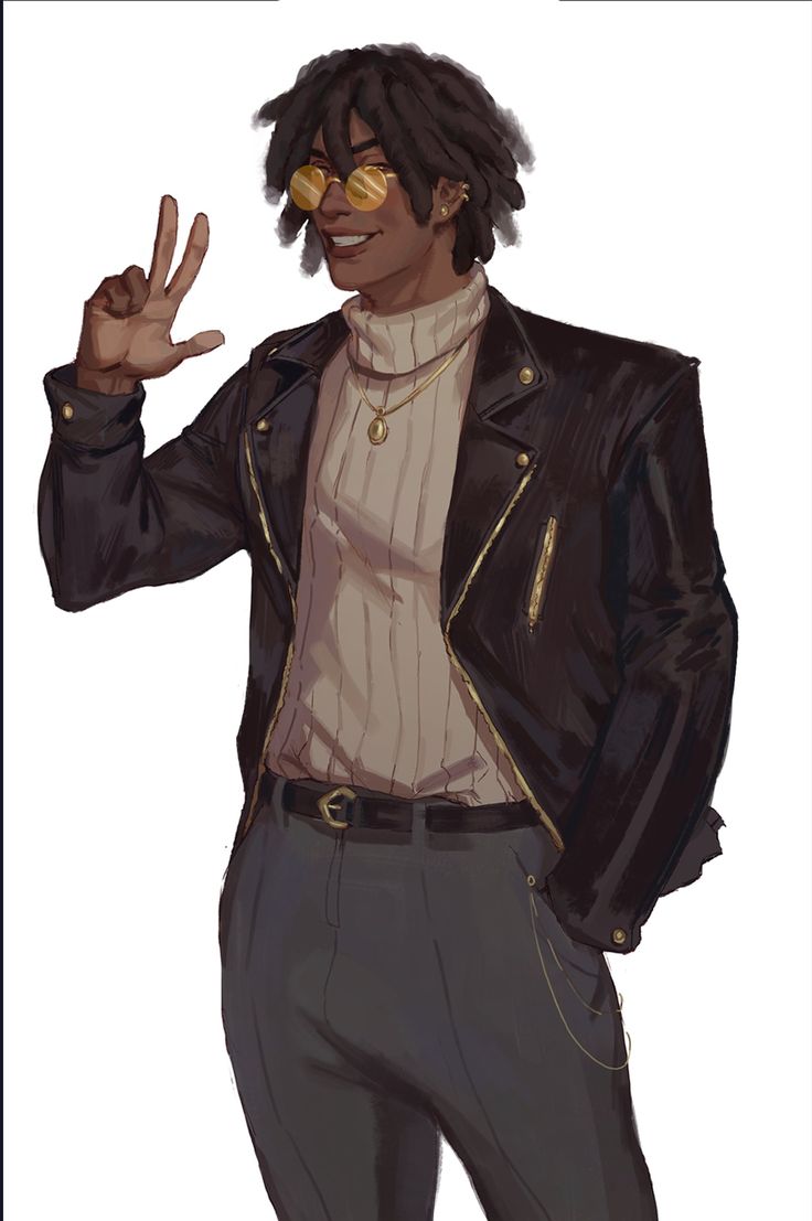 a drawing of a man with glasses and a leather jacket making the peace sign while standing in front of a white background