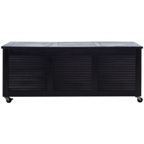 an outdoor storage box with wheels on the bottom and black woodgrained doors,