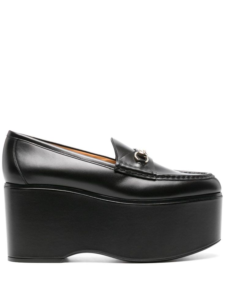 black calf leather piped-trim detailing signature Horsebit detail round toe branded leather insole platform sole leather outsole Elegant Platform Loafers For Business, Modern Gucci Loafers In Calf Leather, Chic Calf Leather Platform Loafers For Work, Leather Platform Loafers For Office, Gucci Modern Black Loafers, Elegant Calf Leather Platform Loafers With Rubber Sole, Modern Gucci Loafers For Office, Luxury Calf Leather Platform Loafers, Chic Calf Leather Platform Loafers For Office