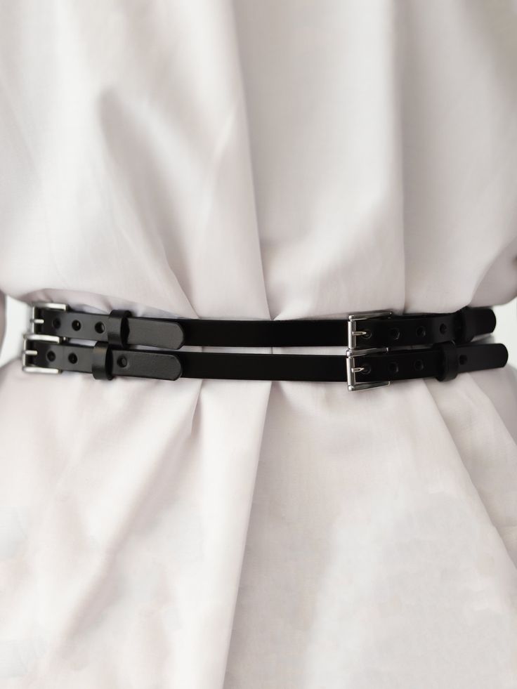 If you're looking for a versatile double wrap belt, this one might be the best choice. Made from smooth italian leather, the belt can be worn over a dress or a shirt for the most stylish outfit. Being composed of many shorter belts makes it adjust to perfection around the waist and also gives you the liberty of wearing it as a simple slim belt. Simply remove some of the straps and you are ready to go.- strap width: 1.2 cm (0.5")- adjustable using buckle for a precise fit- leather thickness: 2.0- Double Wrap Belt, Leather Belt Women, Black Waist Belt, Harness Belt, Double Belt, Slimmer Belt, Wrap Belt, Leather Harness, Stylish Outfit