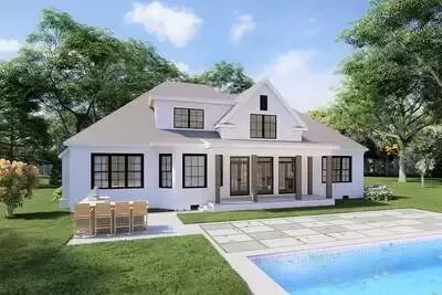 this is an artist's rendering of a house with a pool in the front yard