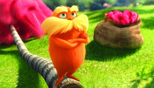 the lorax is sitting on top of a tree branch in front of a sign that says, will someone read them the lorax before it's too late