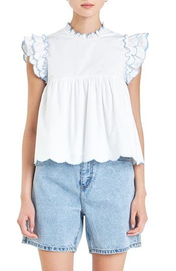 Scalloped ruffles with embroidered edges sweeten a flouncy cotton top framed by triple-layer cap sleeves. Back keyhole with button-and-loop closure Ruffled jewel neck Cap sleeves Lined 100% cotton Hand wash, dry flat Imported Feminine Cotton Tops With Scalloped Edges, Cotton Short Sleeve Tops With Scalloped Edges, Short Sleeve Cotton Tops With Scalloped Edges, Cotton Tops With Scalloped Edges And Short Sleeves, Fitted Cotton Tops With Scalloped Edges, Spring Cotton Top With Scalloped Edges, Summer Cotton Tops With Scalloped Edges, Spring Short Sleeve Tops With Scalloped Edges, Spring Tops With Scalloped Edges And Short Sleeves