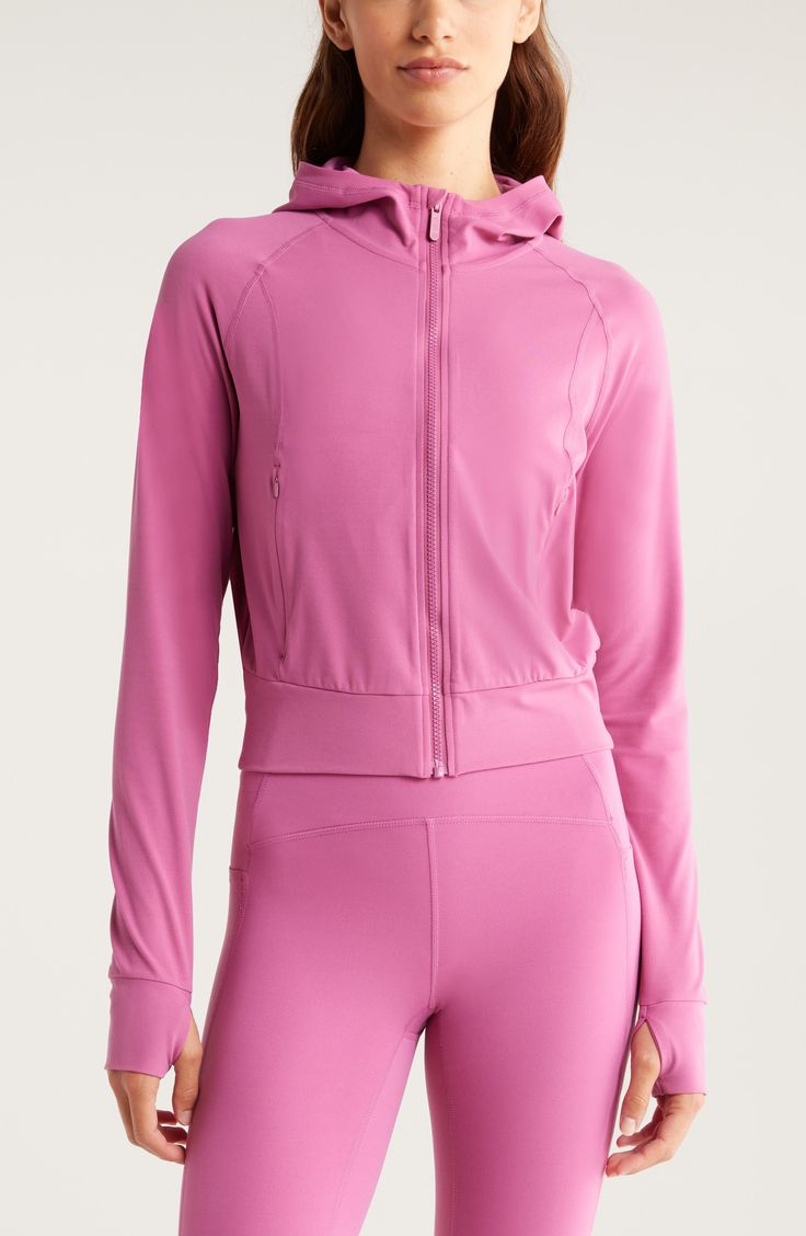 Whether you're running, hiking or hitting up the yoga studio, this raglan zip hoodie made with plenty of easy-moving stretch offers ultimate comfort and style. 21" length (size medium) Front zip closure Fixed hood Thumbhole cuffs Front zip pockets 74% nylon, 26% spandex Machine wash, tumble dry Imported Midweight Long Sleeve Track Jacket In Athleisure Style, Midweight Long Sleeve Track Jacket Athleisure, Midweight Long Sleeve Track Jacket For Athleisure, Midweight Athleisure Track Jacket For Sports, 4-way Stretch Long Sleeve Running Activewear, Long Sleeve Activewear With 4-way Stretch For Running, Long Sleeve Activewear For Running With 4-way Stretch, Stretch Athleisure Track Jacket For Outdoor Activities, Fall Running Hoodie With Drawstring Hood