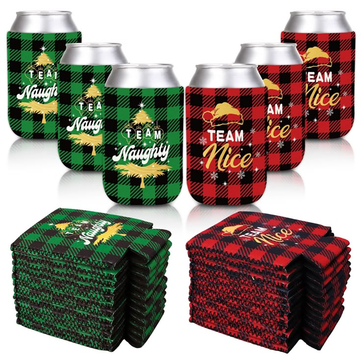 six can coolers with different patterns and designs on the front, one has a christmas tree