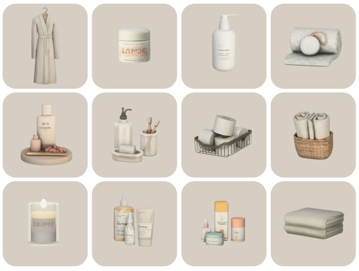 nine different types of bathroom items arranged in square shapes on a gray background, including soaps, toothbrushes and lotion bottles