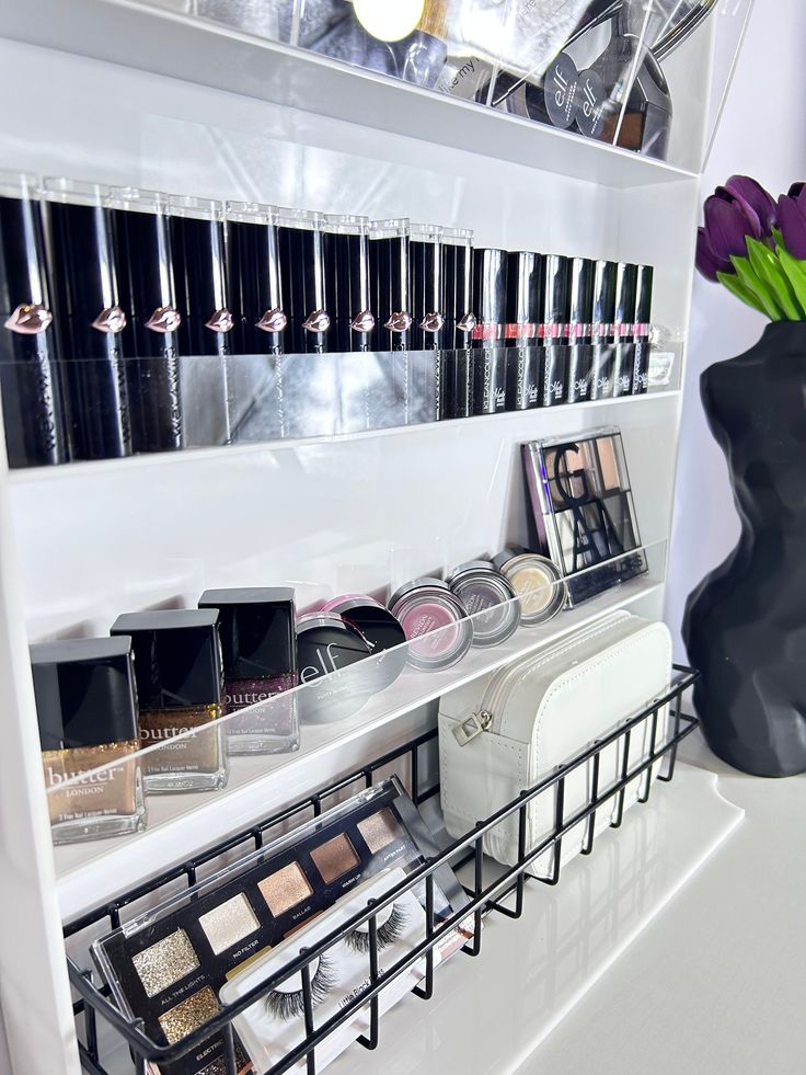 AS Designs Wall Makeup Organizer! Holds 30+ nail polish. 50+ brushes and almost any other makeup/beauty products or accessories you may have. Black wire basket included. The wall unit measures 28.75 inches in height. 16.5 inches width and 5 inches depth. This item can sit on a countertop or hanging on the wall. Perfume Display and brush holder in separate listing. Please visit my shop if interested. Please contact me if international shipping is needed. Please contact me with any questions. Thank you. Makeup Wall Storage, Make Up Shelf In Bedroom, Wall Makeup Organizer, Salon Makeup Station, Makeup Storage Ideas, Makeup Shelf, Black Wire Basket, Makeup Shelves, Room Revamp