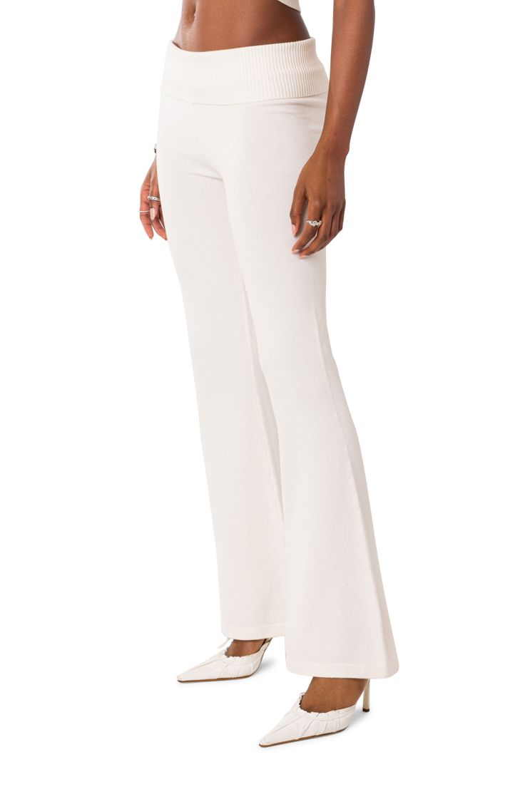 A fold-over ribbed waistband creates the low-rise silhouette of these perfectly flared knit pants. 100% acrylic Hand wash, dry flat Imported Chic Ribbed Elastane Bottoms, Stretch Ribbed Wide Leg Pants Full Length, Spring Ribbed Elastane Pants, Chic Wide Leg Pants With Ribbed Waistband, Elegant Ribbed Bottoms, Elegant Ribbed Wide-leg Pants, Elegant Ribbed Stretch Bottoms, Elegant Ribbed Spring Pants, Chic Ribbed Flare Bottoms