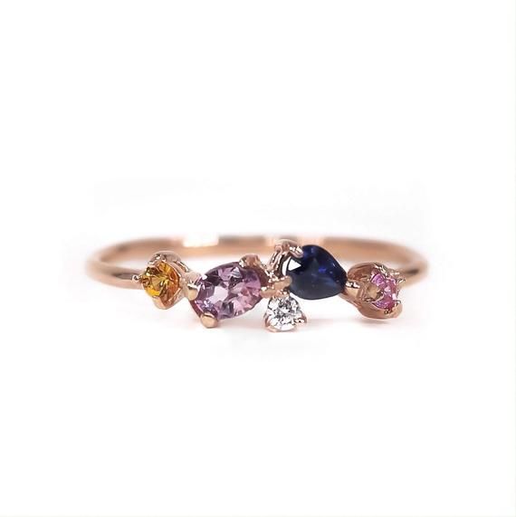 Sapphire and Diamond Stacking Ring - Blue Sapphire, Pink Sapphire, Purple Sapphire & Yellow Sapphire Yellow Gold Sapphire Gemstone In Fine Jewelry Style, Yellow Gold Sapphire Gemstones Fine Jewelry, Fine Jewelry Yellow Gold Sapphire Gemstones, Fine Jewelry Sapphire Gemstones In Yellow Gold, Multi-stone Sapphire Ring For Promise, Sapphire Multi-stone Diamond Gemstones, Multi-stone Sapphire Birthstone Ring, Elegant Multi-stone Sapphire Birthstone Ring, Elegant Sapphire Multi-stone Birthstone Ring