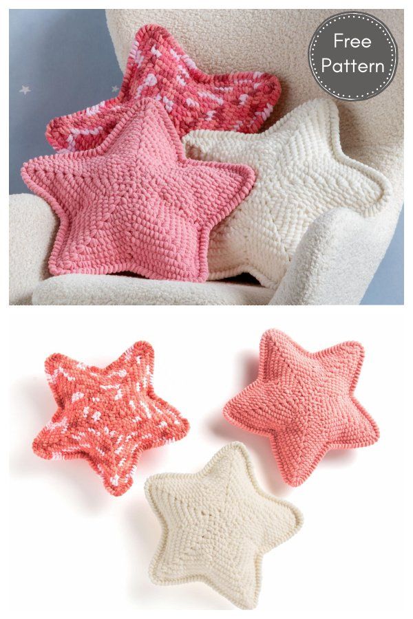 three crocheted stars sitting on top of a white chair next to each other