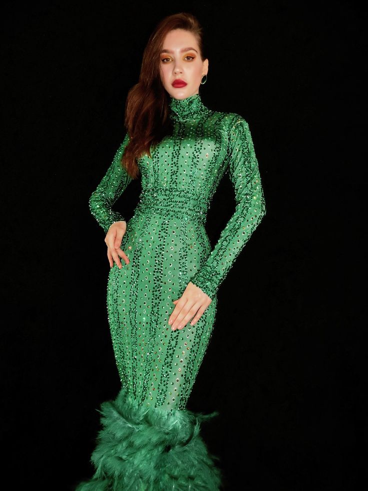 Green Rhinestones Feather Dress Long Dress One Size Glamorous Green Sequined Bodycon Dress, Embellished Knee-length Dress For Prom, Embellished Knee-length Dress For Prom Season, Glamorous Winter Evening Dresses, Embellished Fitted Evening Dress For Winter, Glamorous Knee-length Winter Dresses, Chic Sequin Banquet Dress, Fitted Dresses With Feather Trim For Party Season, Fall Prom Dress Knee-length