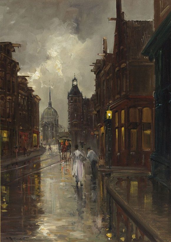 a painting of people walking in the rain with umbrellas