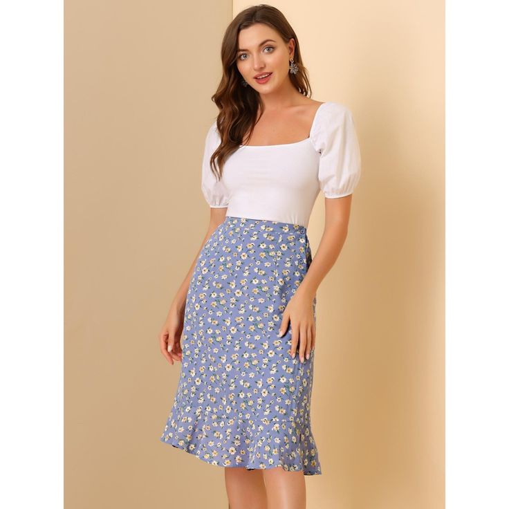 Through the summer seasons in this effortlessly chic flowy skirt. In a midi silhouette that wraps around, this skirt exudes the spring-summer feel you can't wait for. Sitting high on the waist, the light and breezy fabric trimmed with ruffles falls to a split skirt for impact and movement as you walk. Cut in a flared shape, this skirt is designed with a button closure at the side flattering for showing your looming legs. Adding a beautiful floral flourish for feminine appeal, this style is a fus Split Midi Skirt, Pink Dress Outfits, Ruffle Hem Skirt, Split Skirt, Floral Midi Skirt, Slip Skirt, Hem Skirt, Women's Skirts, Flowy Skirt